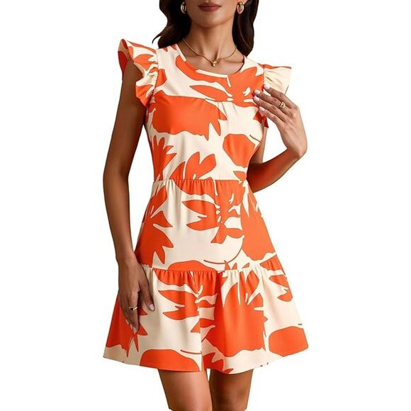 NWT ~ Short Coral Floral Mini Dress Flutter Cap Sleeves ~ Women's Size LARGE - Picture 1 of 3